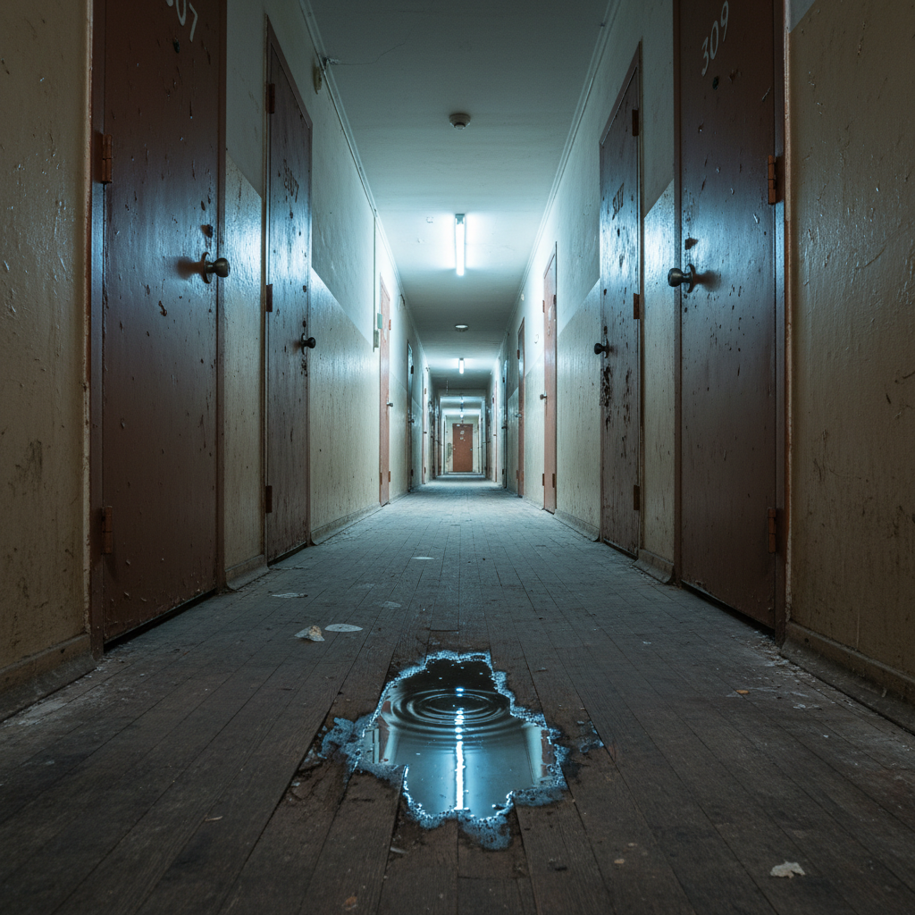 A dim hallway in an aging apartment building, captured from a low, slightly tilted angle that emphasizes warped floorboards and scuffed beige walls. A series of cheap, metal doors with scratched paint lines both sides, some with crooked numbers and worn locks. Overhead, a single flickering fluorescent tube casts uneven, cold light, creating harsh shadows and a gritty, uneasy atmosphere. A small puddle of water near one door reflects the light, hinting at a leak overhead. The composition uses leading lines down the corridor, with photographic realism and a bold, raw mood, focusing on the overlooked, uncomfortable parts of rental living, without any people present.